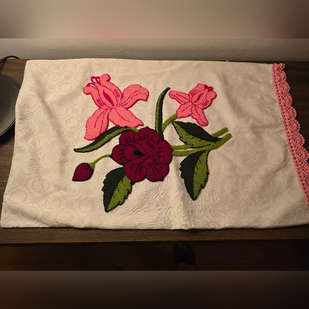 Vintage Floral Embroidered Pillowcase with Pink Lace